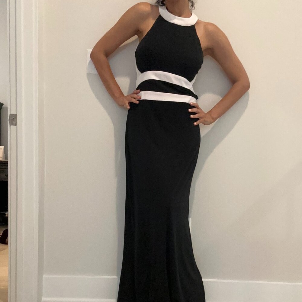 Super Flattering Black and White High Neck Gown